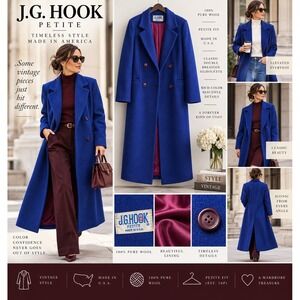 Vintage J.G. Hook Petite 10P Wool Coat Cobalt Blue Double Breasted Long USA
